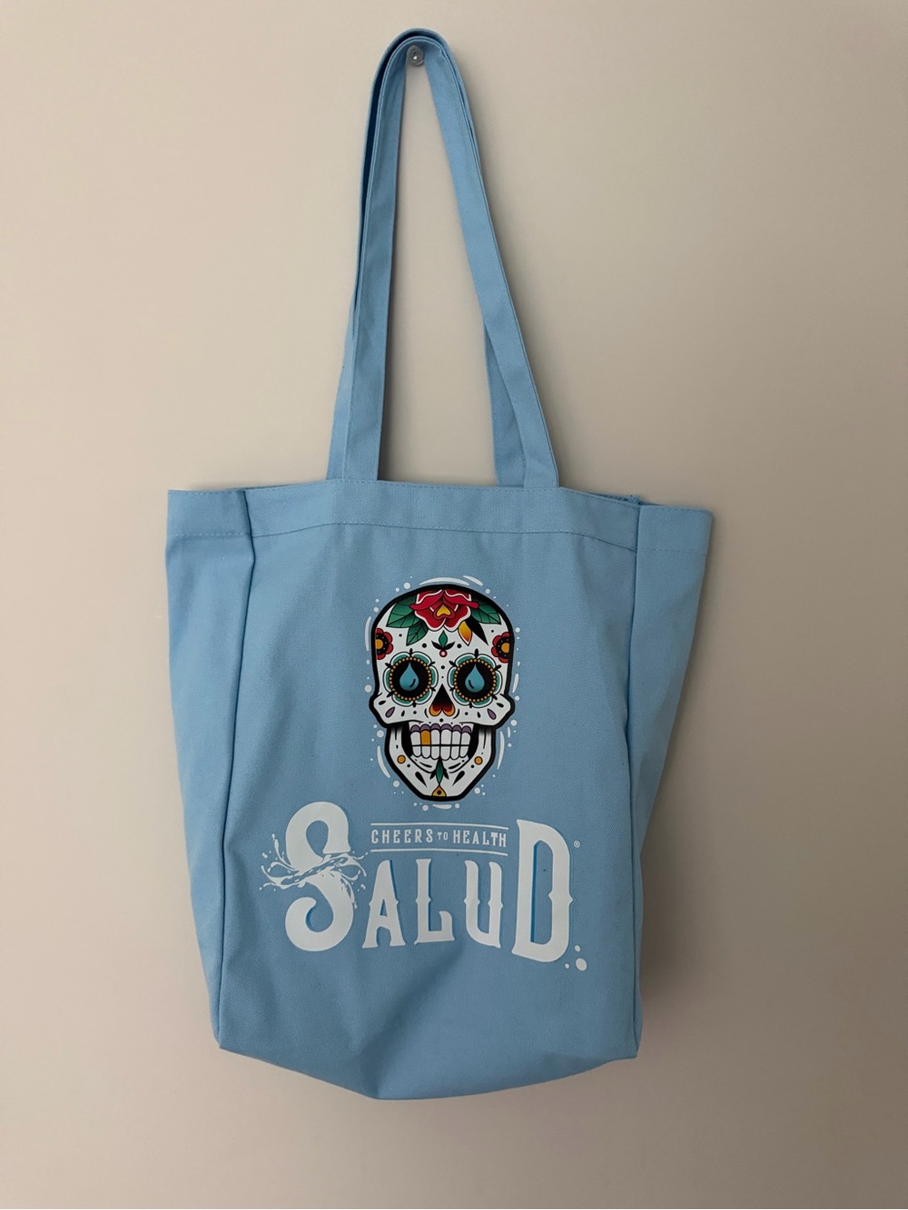 Light Blue 'Salud' Tote Bag with Sugar Skull Design